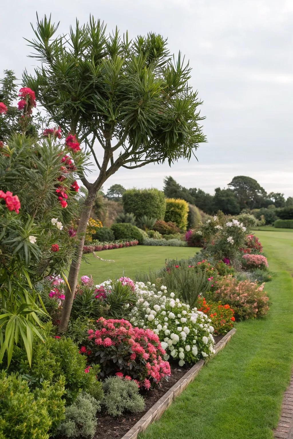 Mixed border design with podocarpus and colorful flowers.