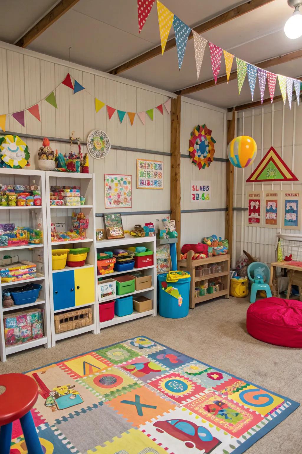 A pole building serving as a vibrant playroom for kids.