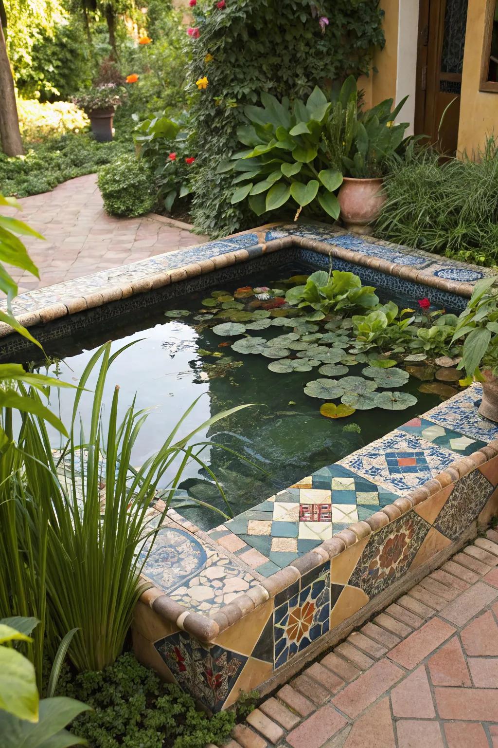 A mosaic pond adds a splash of color and art to the garden.
