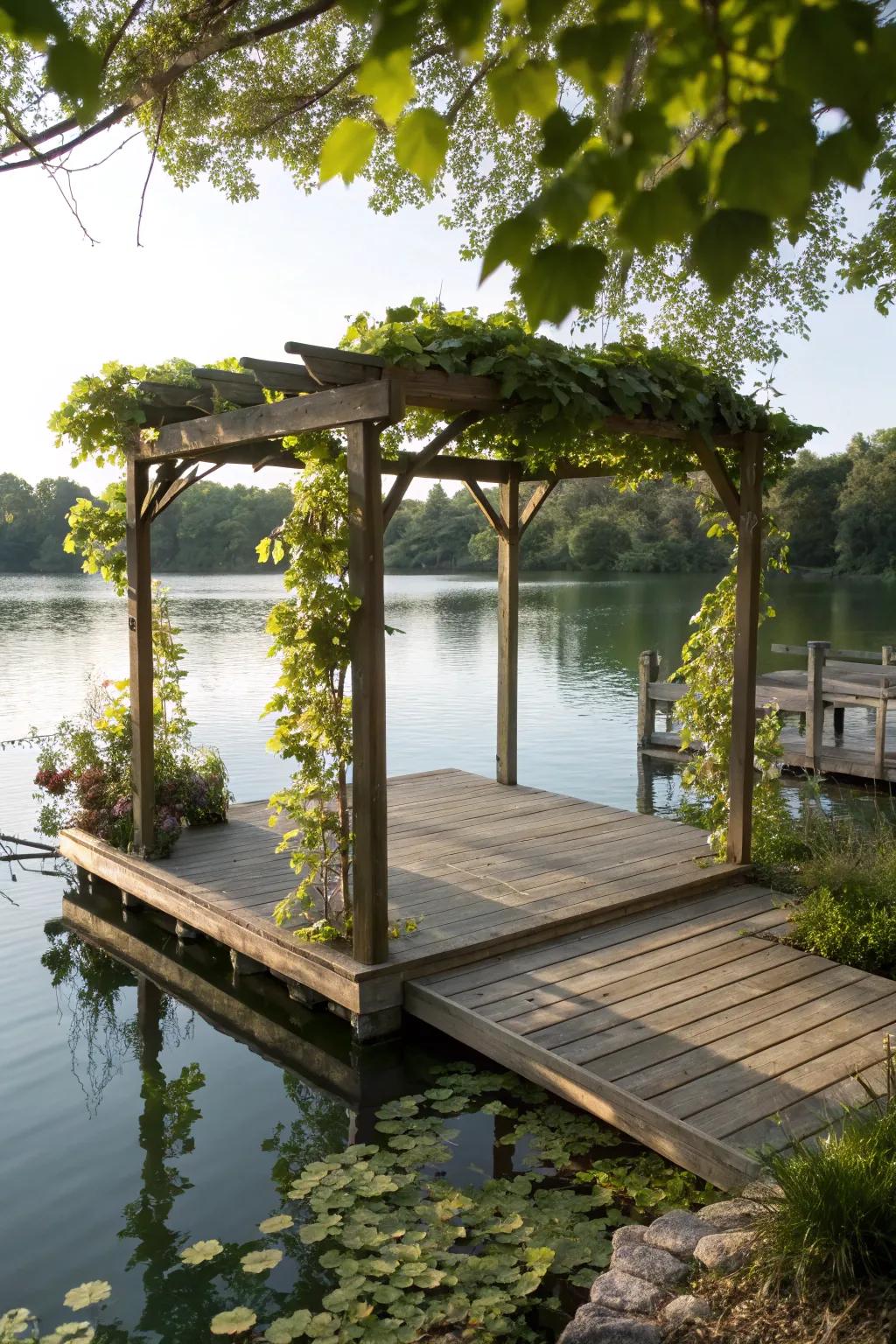 A pergola-covered dock adding elegance and comfort.