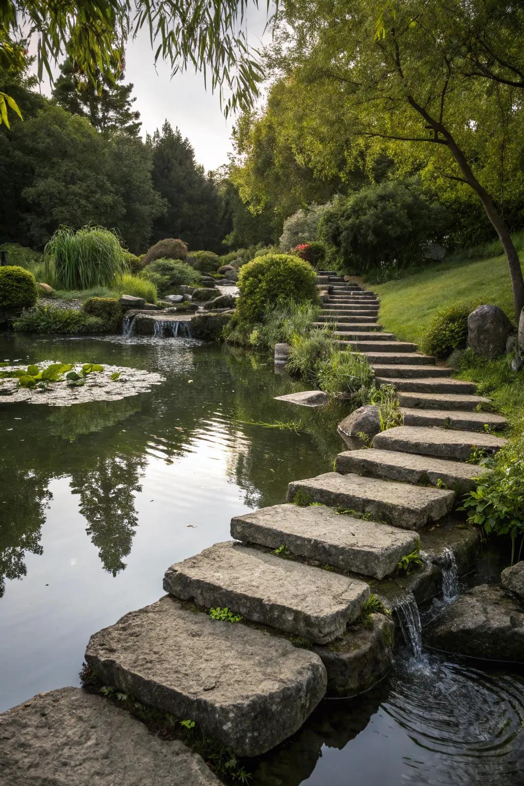 Stone steps offer access and charm to your pond.