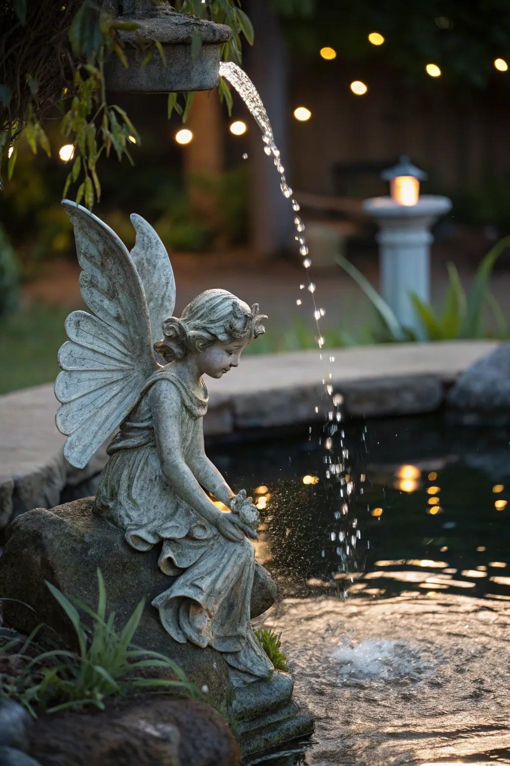 A fairy statue spitter adds enchantment to your garden pond.