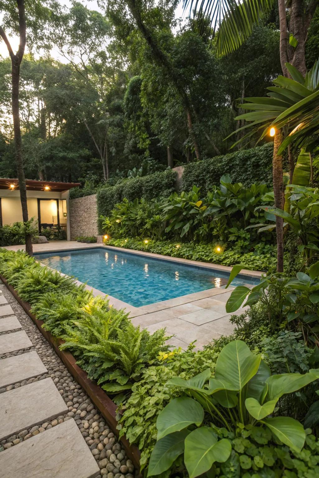 Ground covers add greenery and minimize upkeep around the pool.