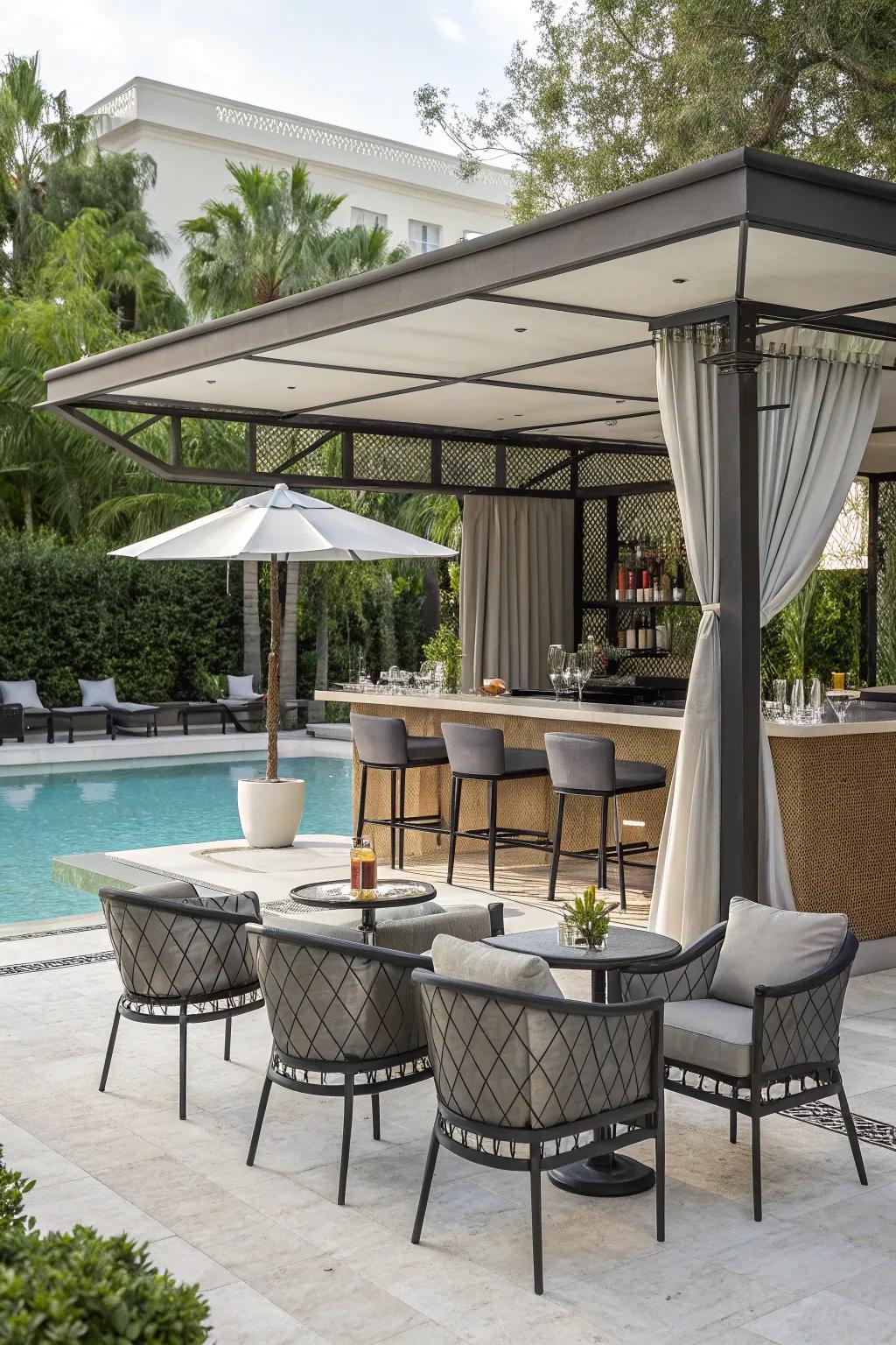 Chic canopies offer style and shade, perfect for an upscale poolside retreat.