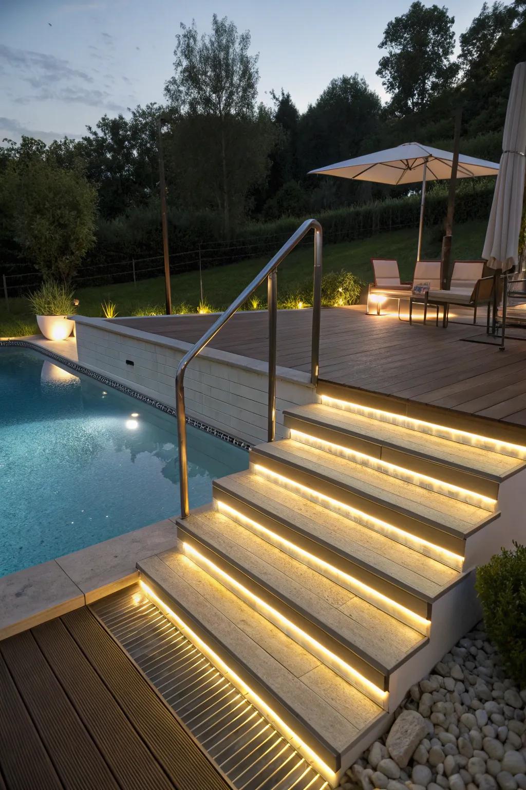 Illuminated steps enhancing safety around the pool.