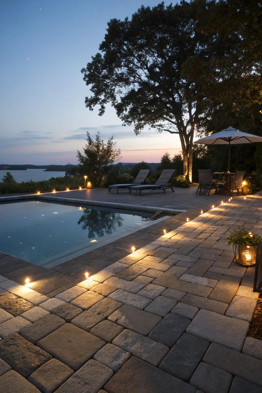 Integrated lighting enhances the evening atmosphere around the pool.