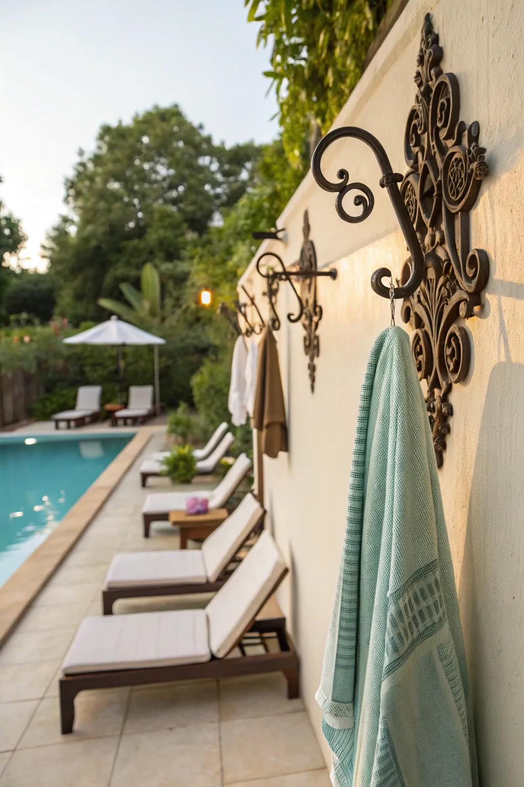 Decorative hooks keep poolside essentials tidy and stylish.