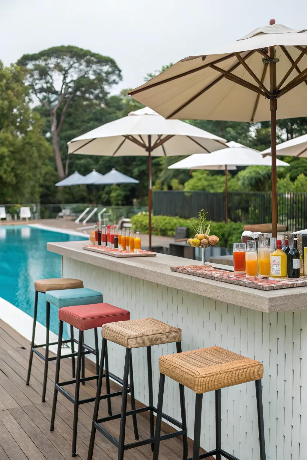 A poolside bar setup with stools and a variety of drinks.
