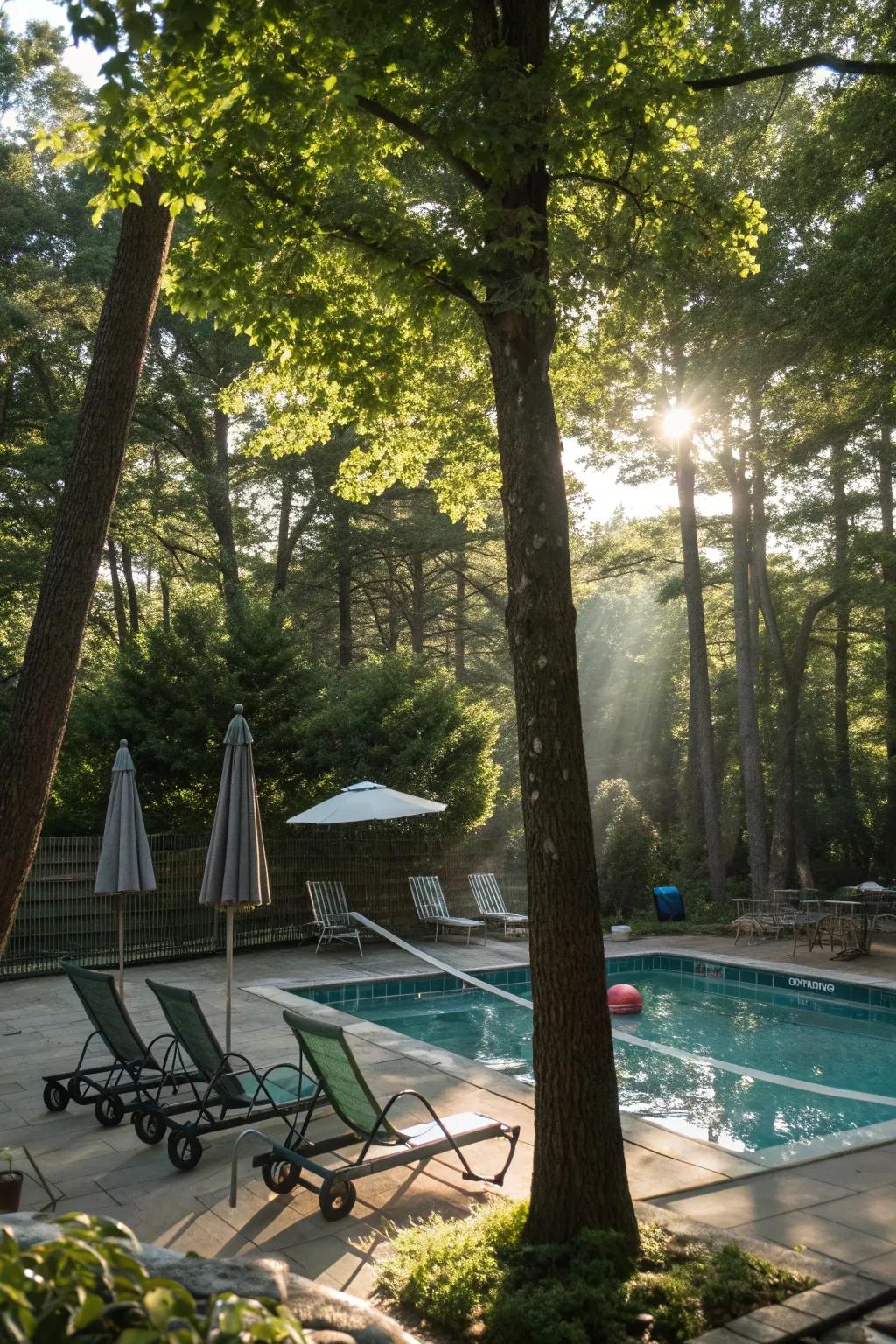 Trees offer natural and evolving shade for pool areas.