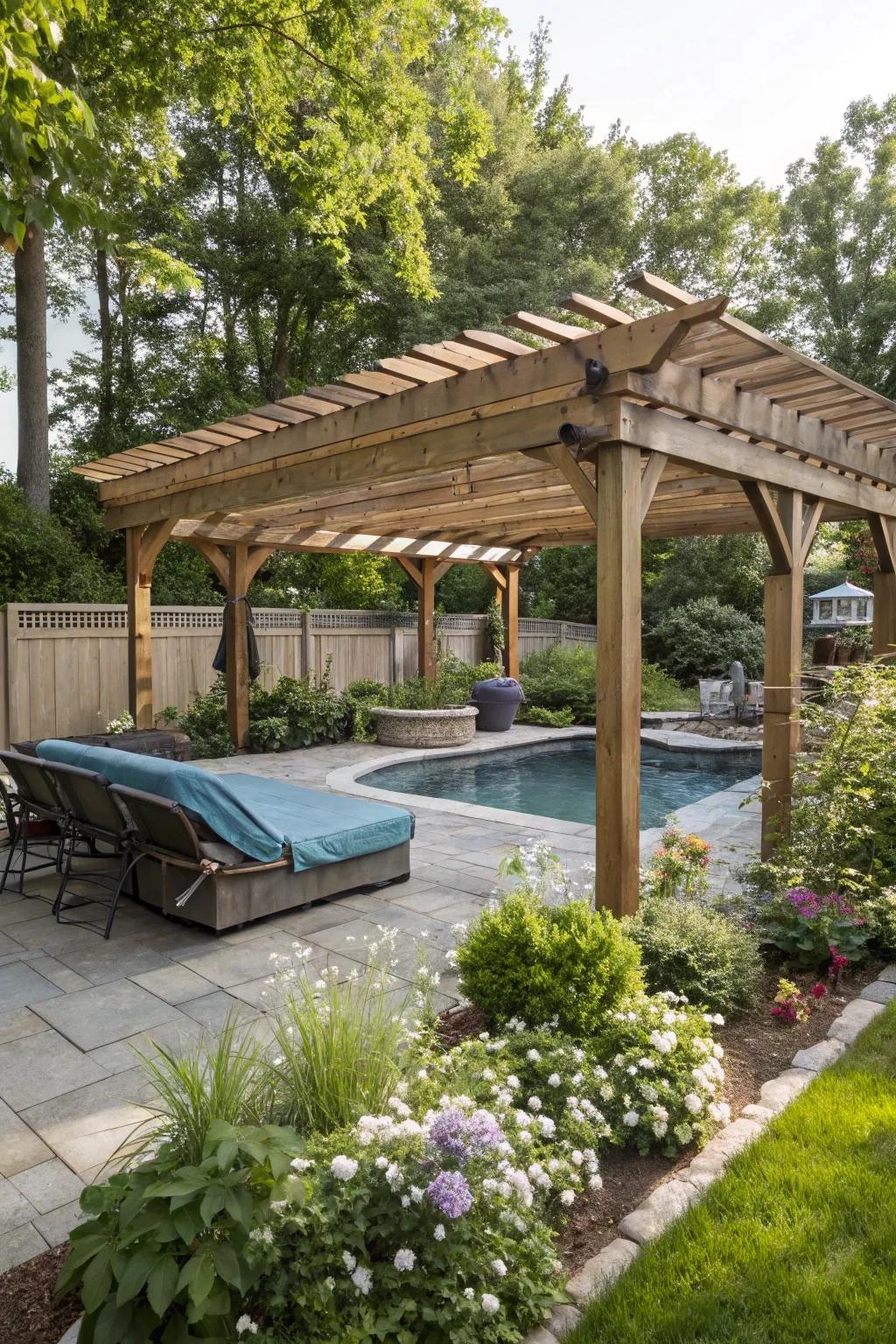 Pergolas offer shade and style, protecting pool equipment.
