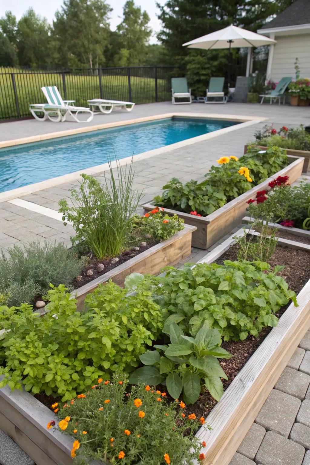 Herb gardens add fresh flavors and fragrance to your pool area.
