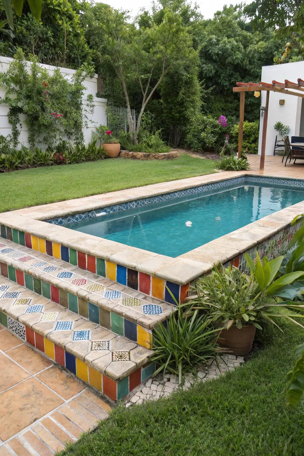Colorful tiles add personality and vibrancy to the pool area.