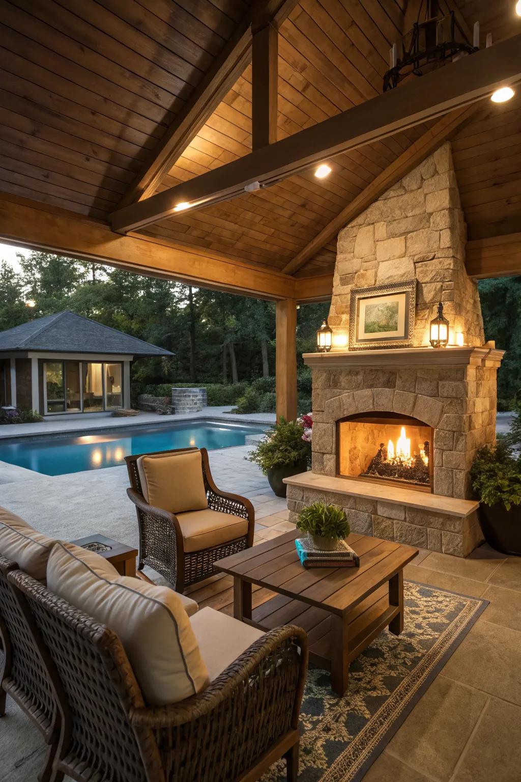 A fireplace adds warmth and ambiance to the pool house.