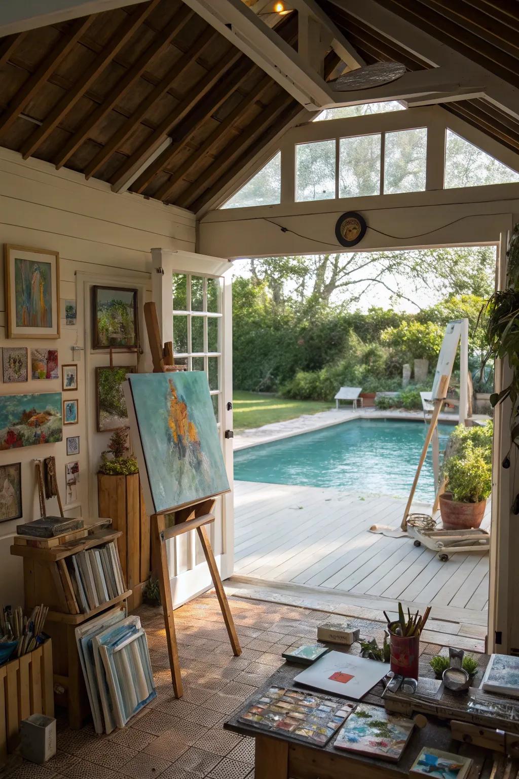 An artistic studio by the pool for creative inspiration.