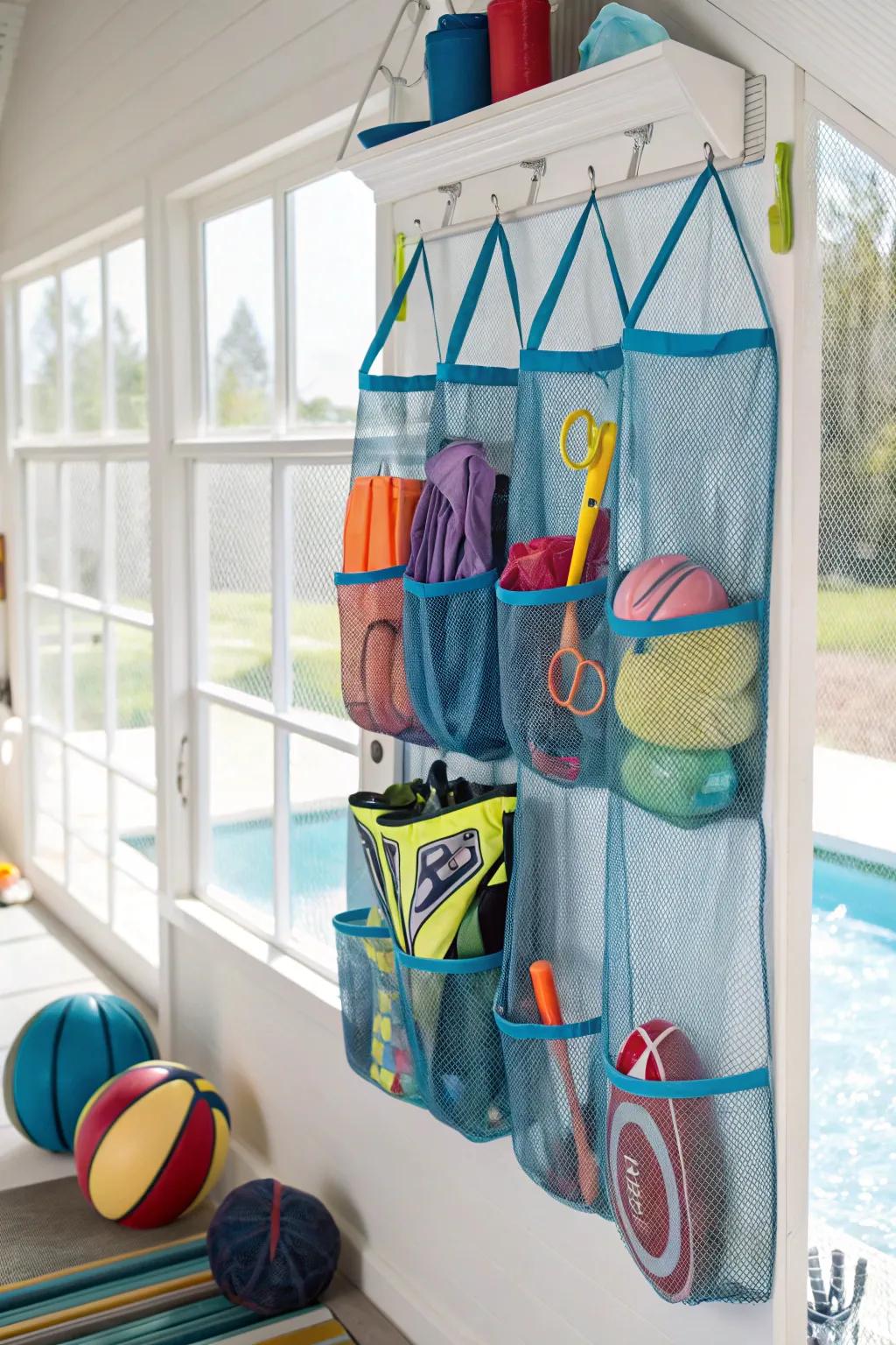 Mesh organizers help keep wet items dry and mold-free.