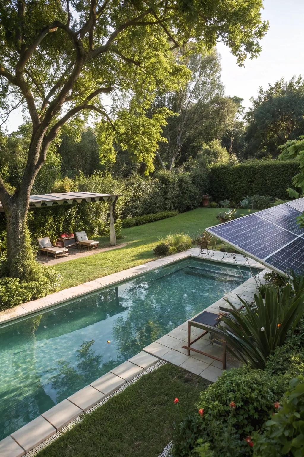 An eco-conscious pool design with solar panels for sustainable energy use.