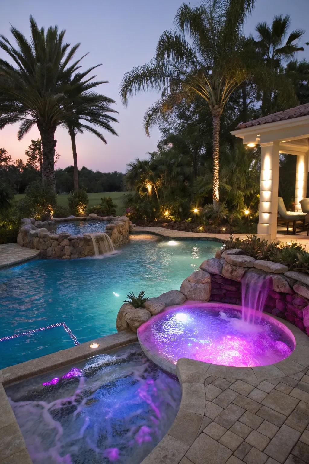 A pool and jacuzzi with color-changing mood lighting for various occasions.