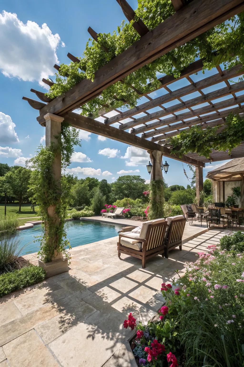 A pergola offers shade and style to your poolside.