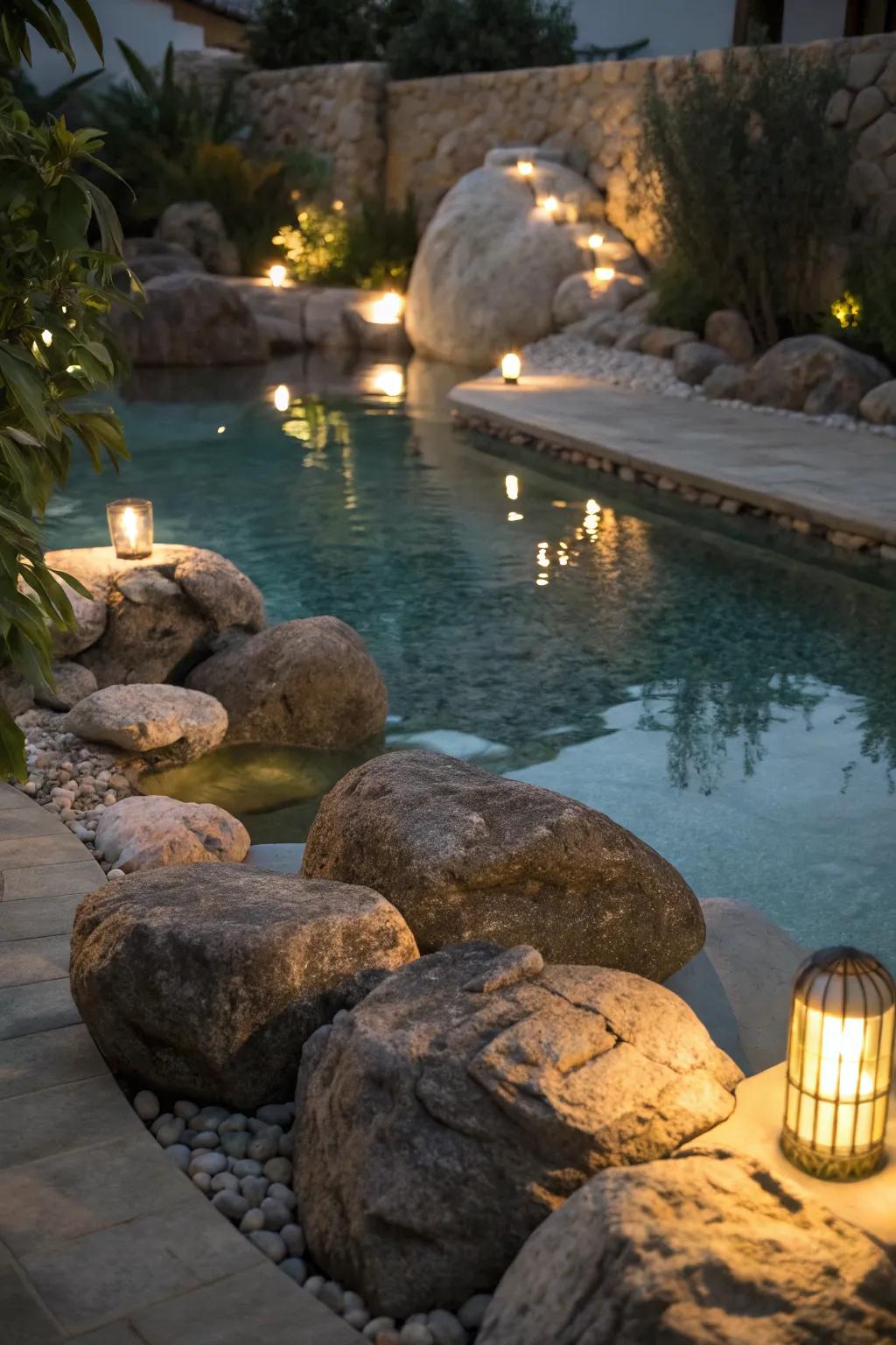 Lighting among rocks creates a magical nighttime ambiance.