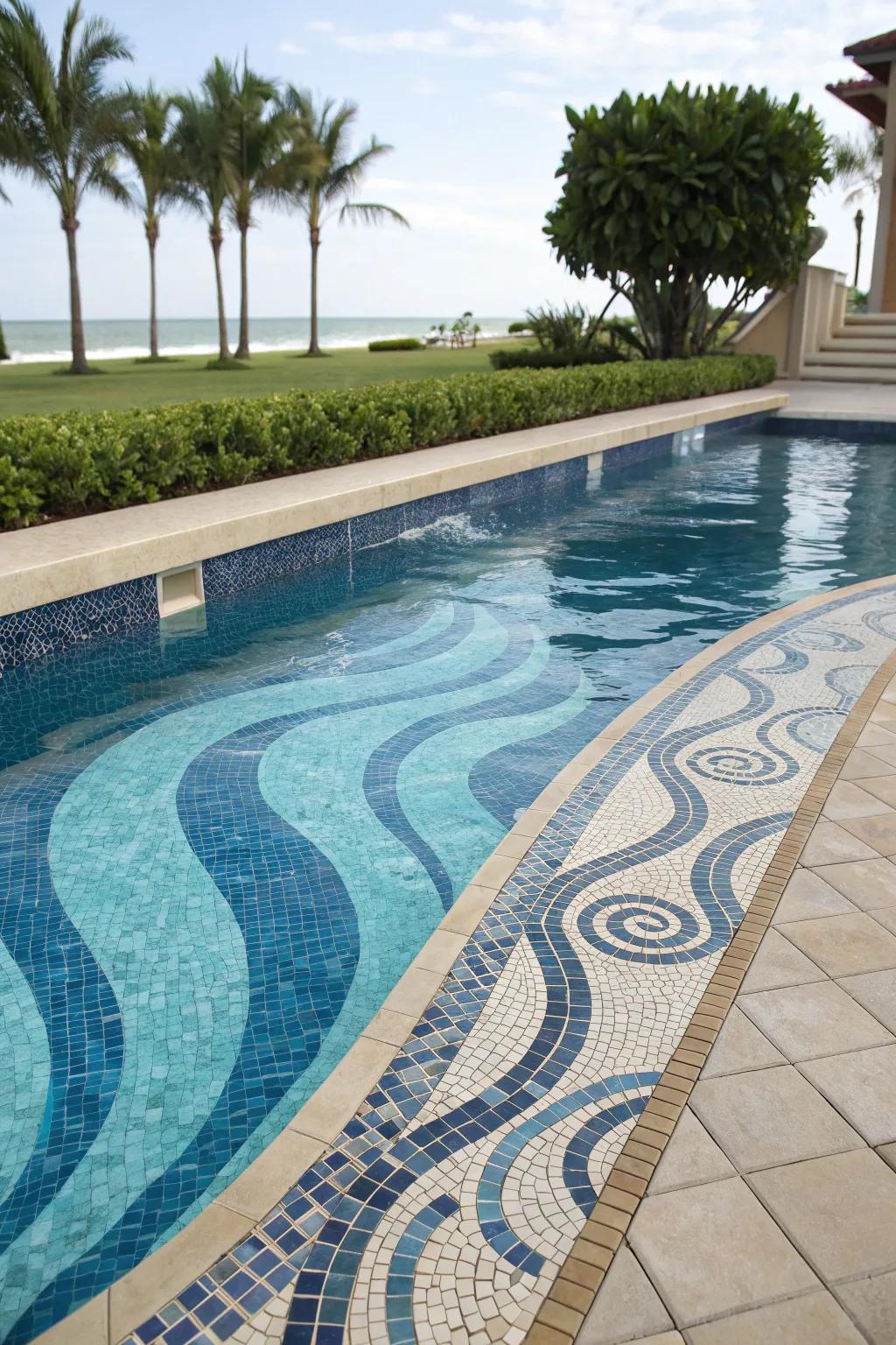 A contemporary pool design with sleek waveform mosaics.