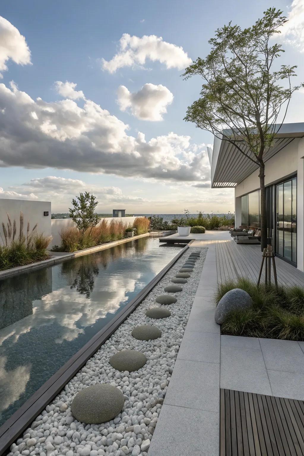 A serene Zen garden complementing a rooftop pool.