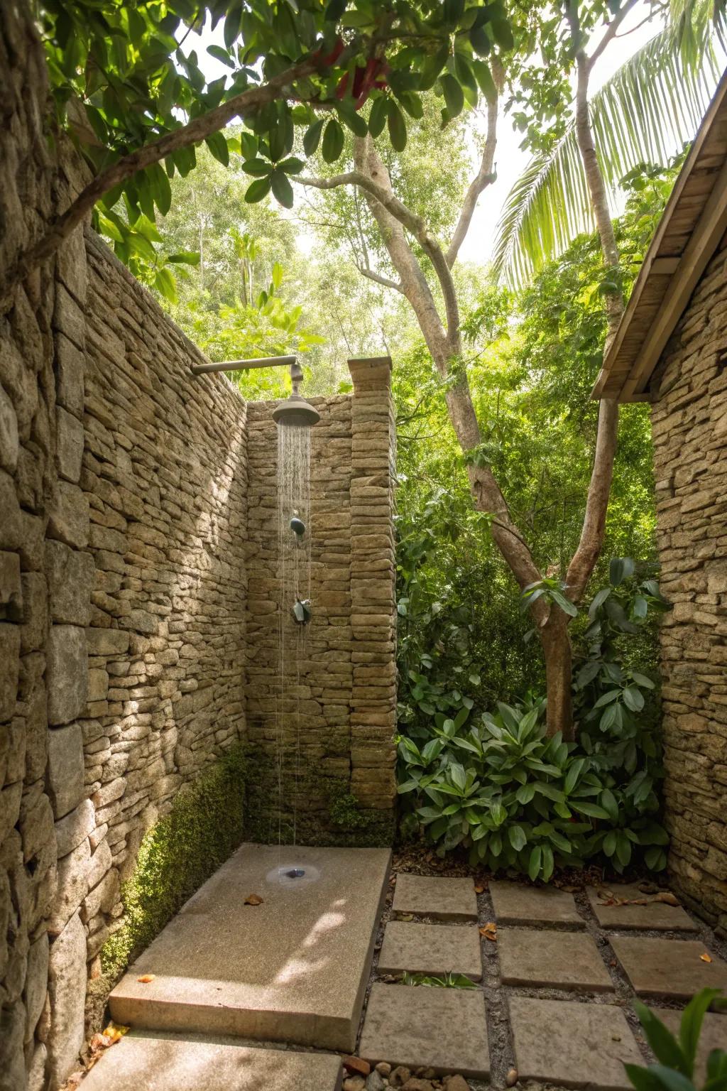 Upscale texture with natural stone walls for your outdoor shower.