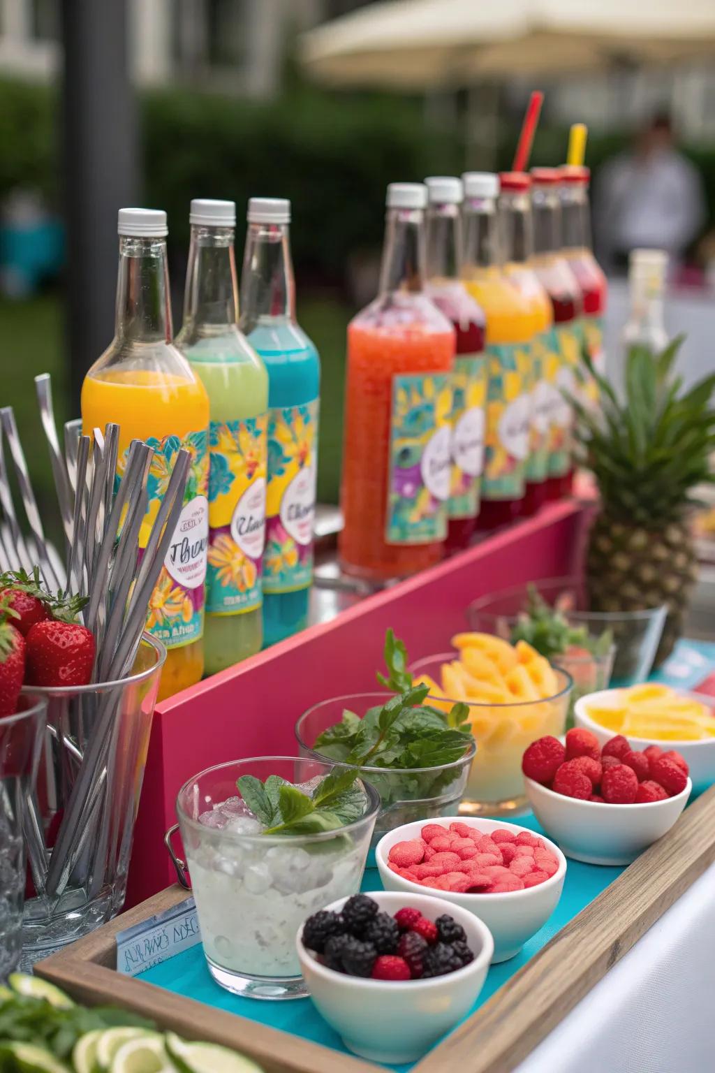 A themed cocktail station with colorful mixers and garnishes for guest interaction.