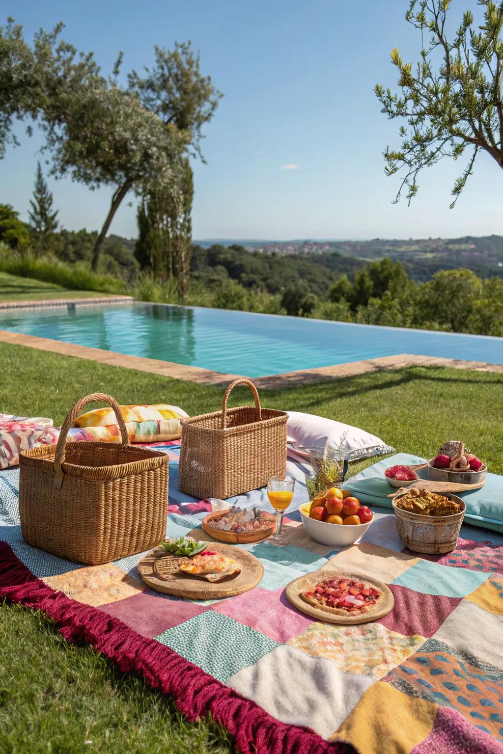 A poolside picnic setup with blankets and baskets.