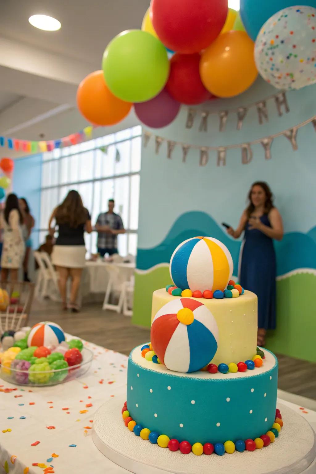 Festive cake adorned with fondant beach balls.