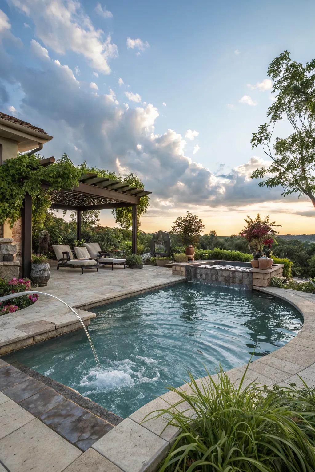Water features add tranquility and elegance to your poolside.