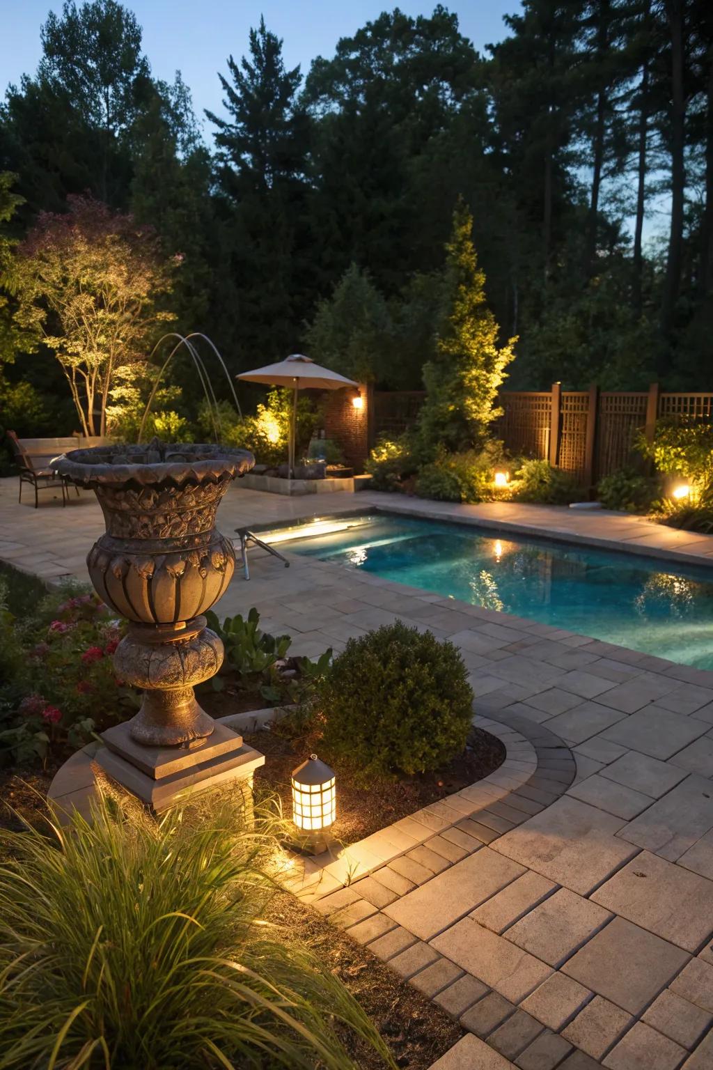 Accent lights showcase sculptures, adding artistic flair to your garden.