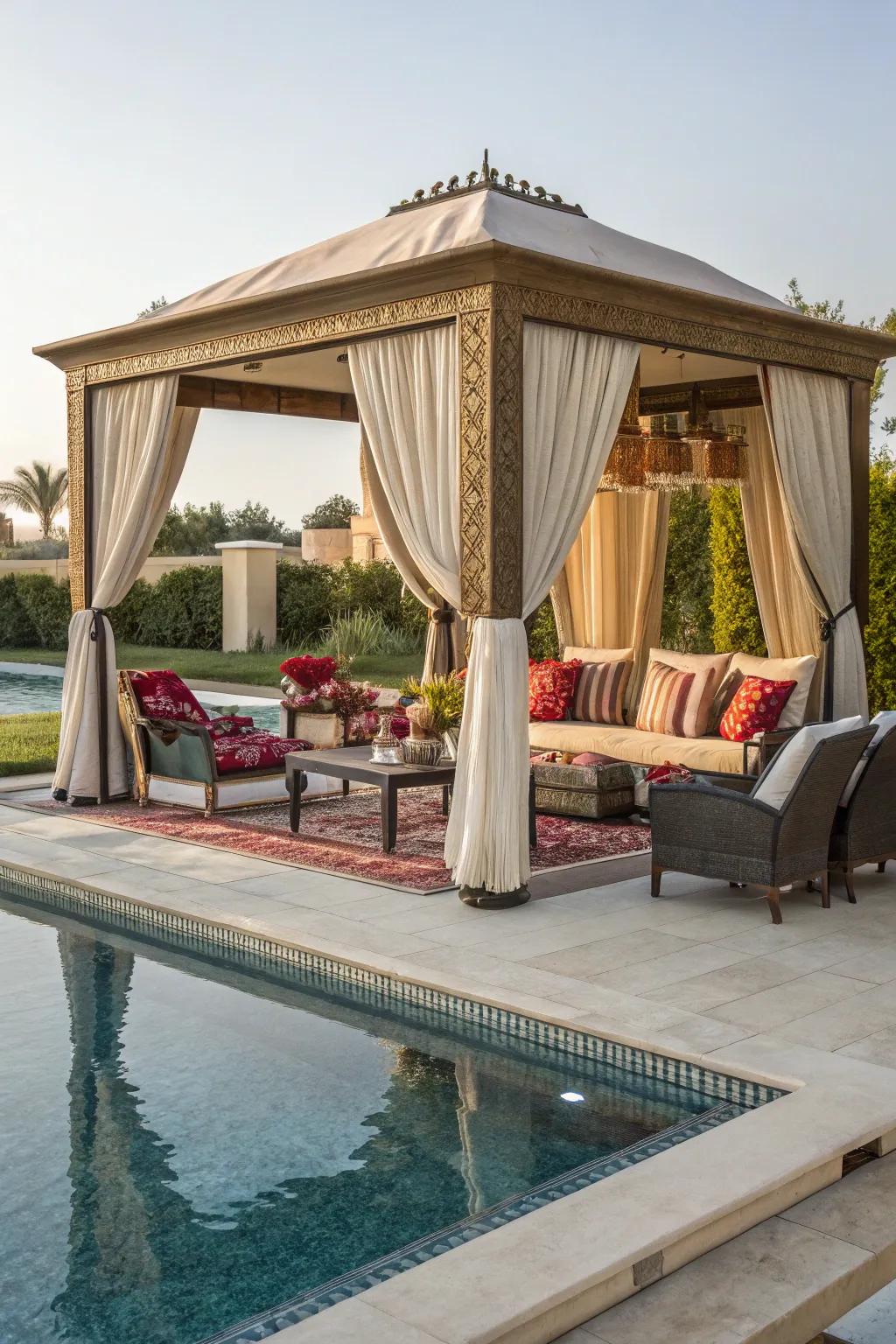 Relax in style with a comfortable cabana on your pool patio.