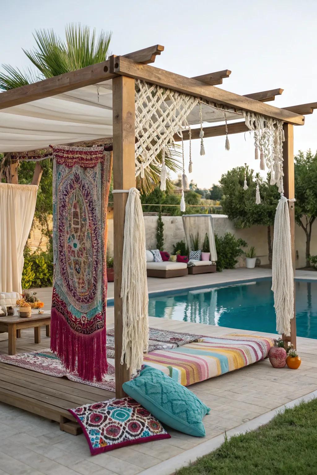 A bohemian-inspired pergola creating a vibrant and relaxed poolside atmosphere.