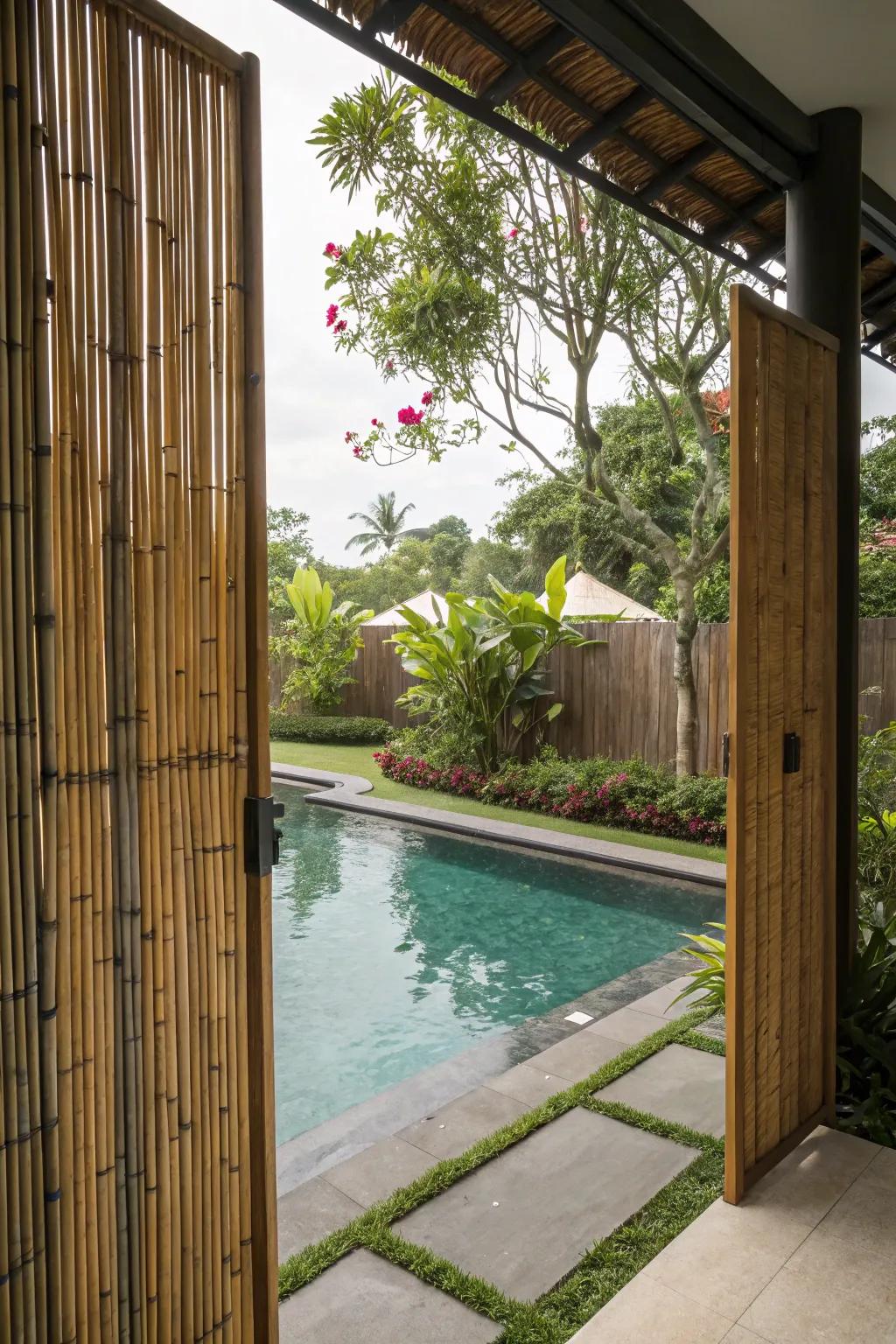 Bamboo screens provide an eco-friendly and tropical privacy solution.