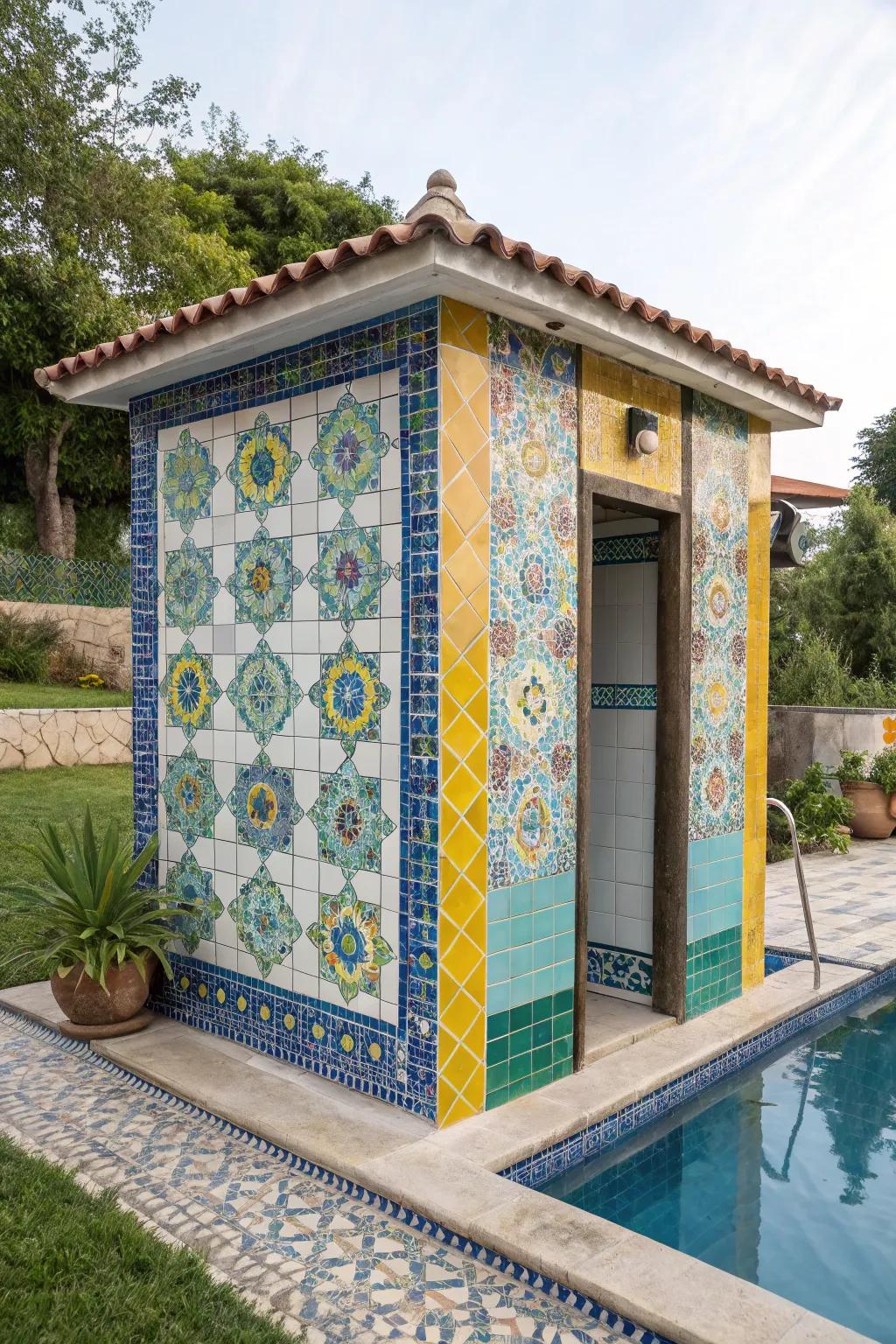 A vibrant pool pump house with colorful tile decoration.