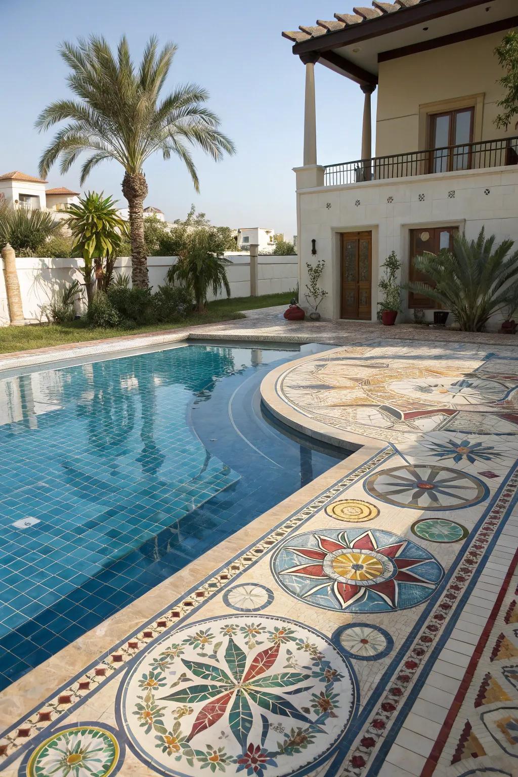 A mosaic pool floor transforms the pool into a stunning artistic masterpiece.