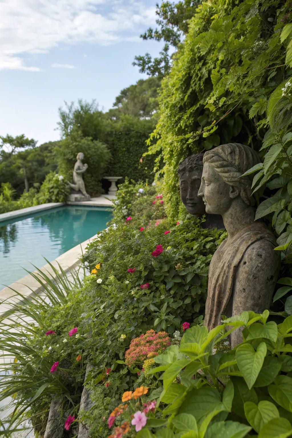 Hidden statues create delightful discoveries in the poolside garden.