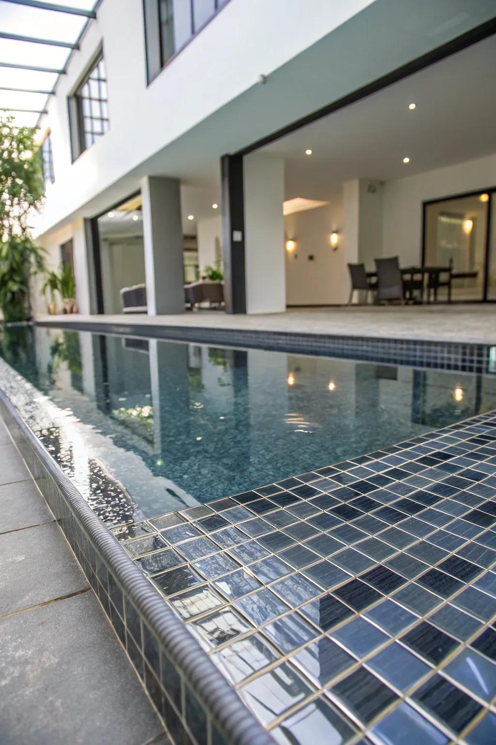 Pool with reflective metallic tiles.