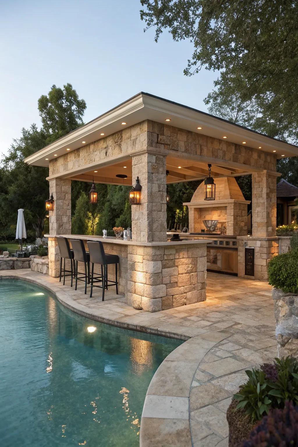 Achieve timeless elegance with a sophisticated stone pool bar.