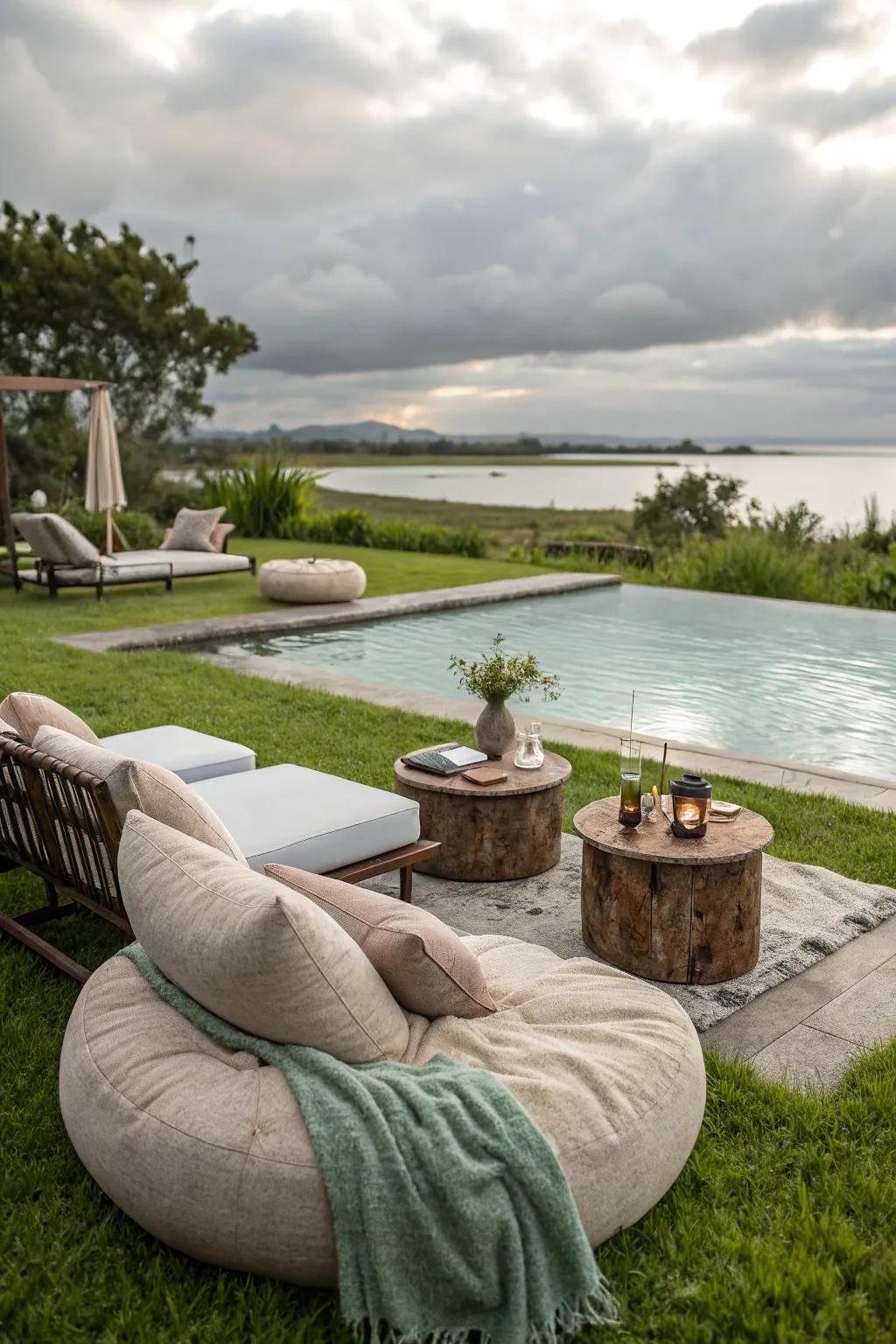A relaxing spa area with grass for a serene poolside experience.