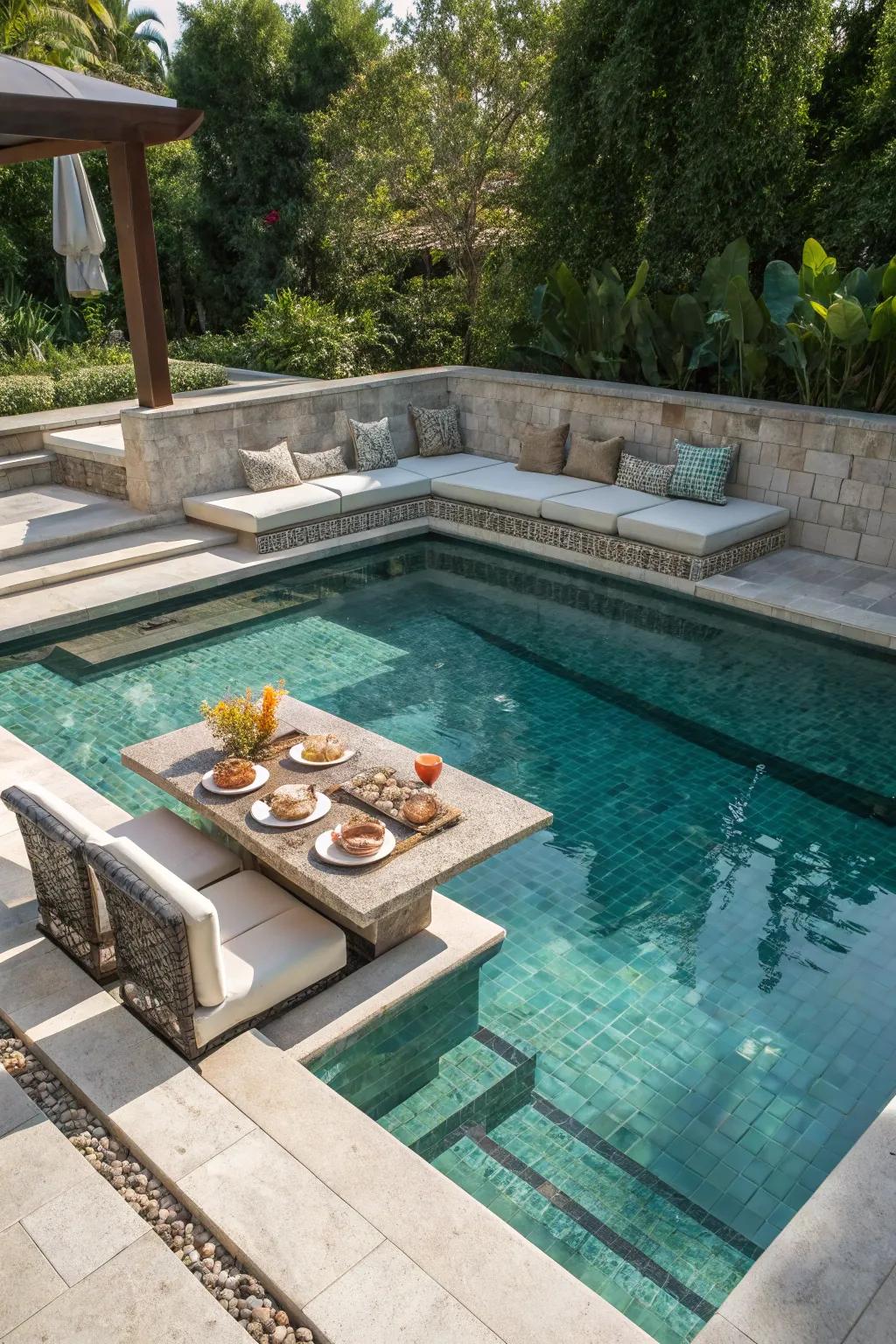 Sunken seating areas offer a unique and social pool experience.