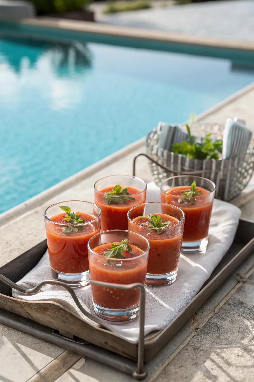 Gazpacho shots provide a refreshing and sophisticated start.