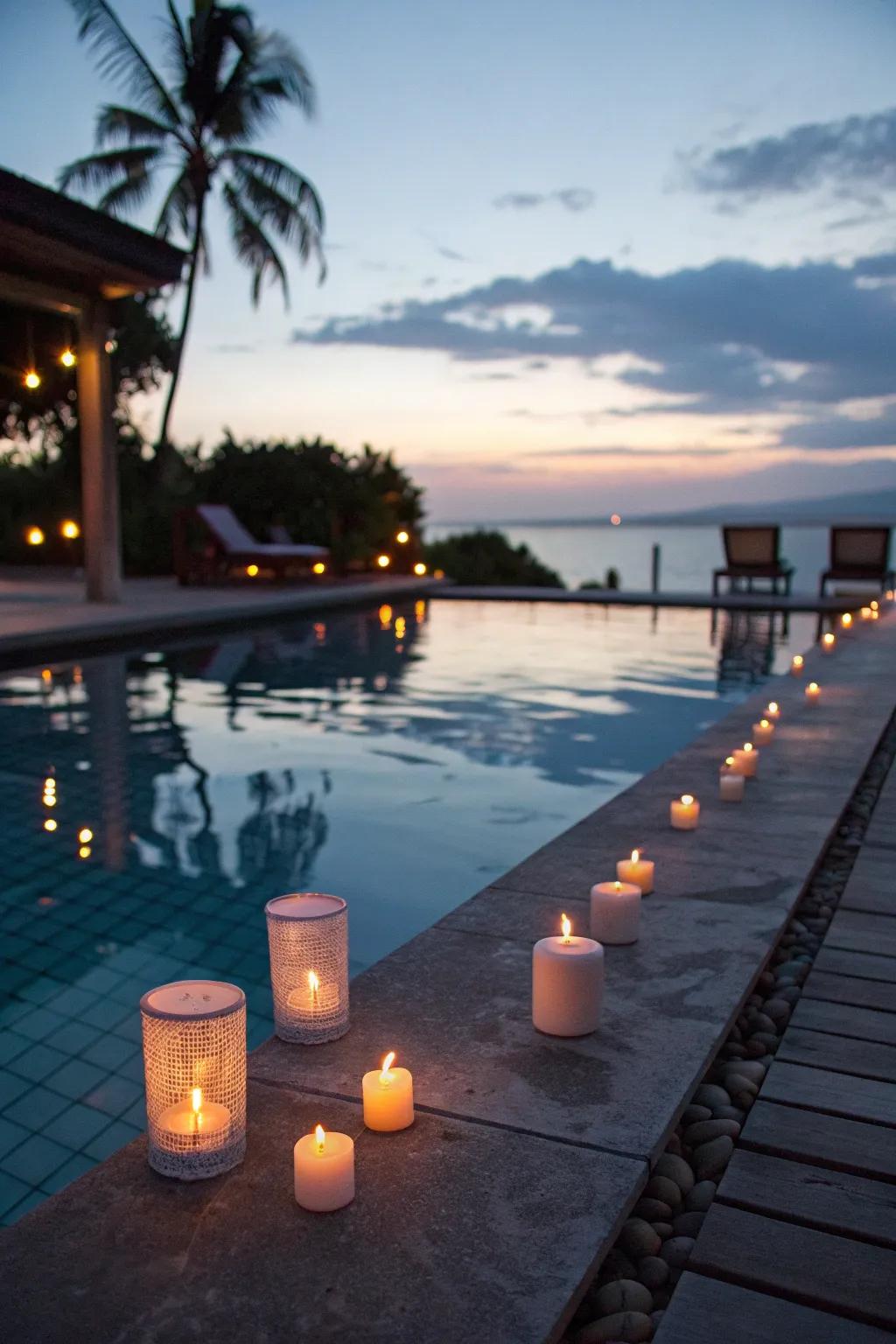Floating candles add a romantic glow to your pool.