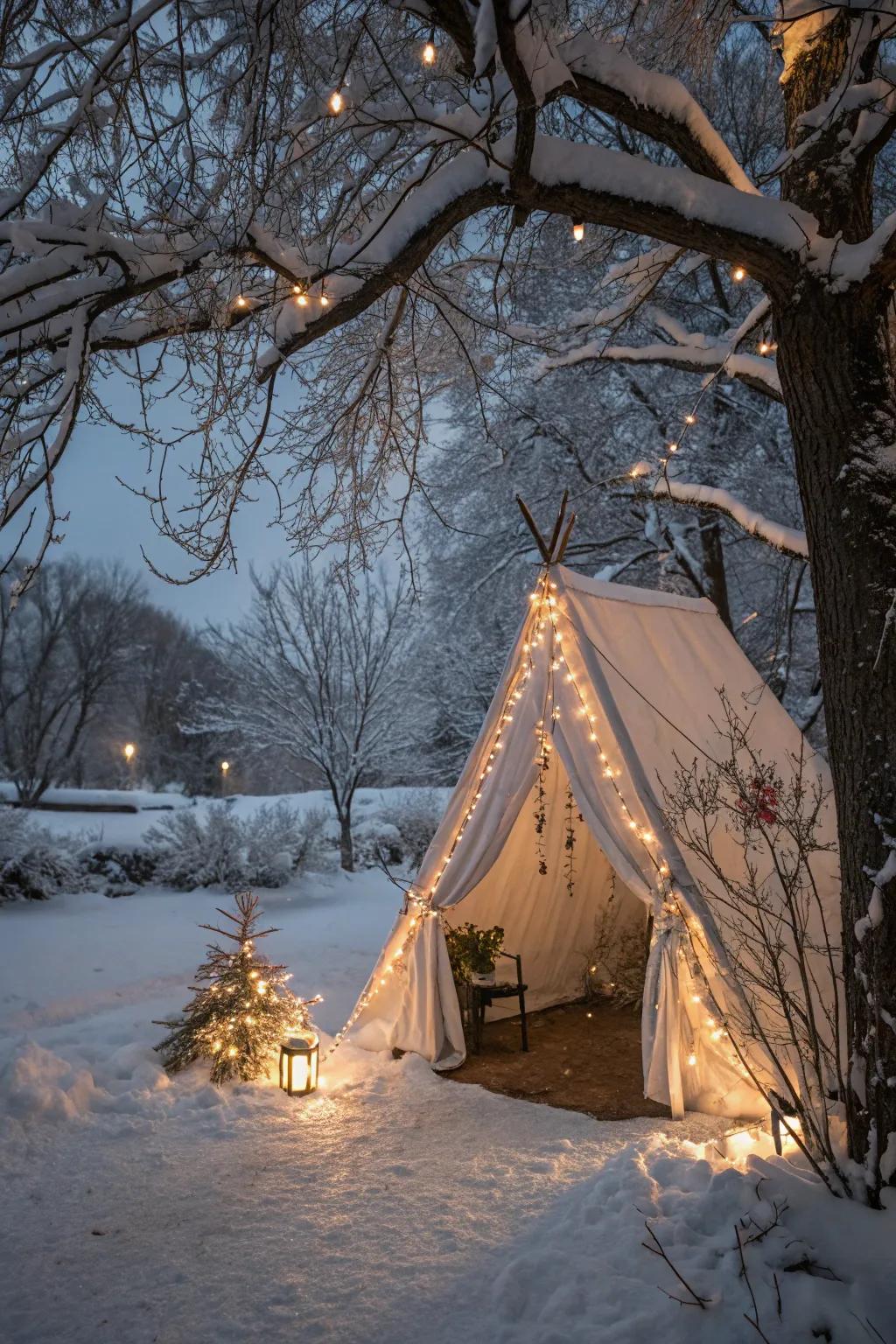 Enter a winter wonderland with snowy decorations.