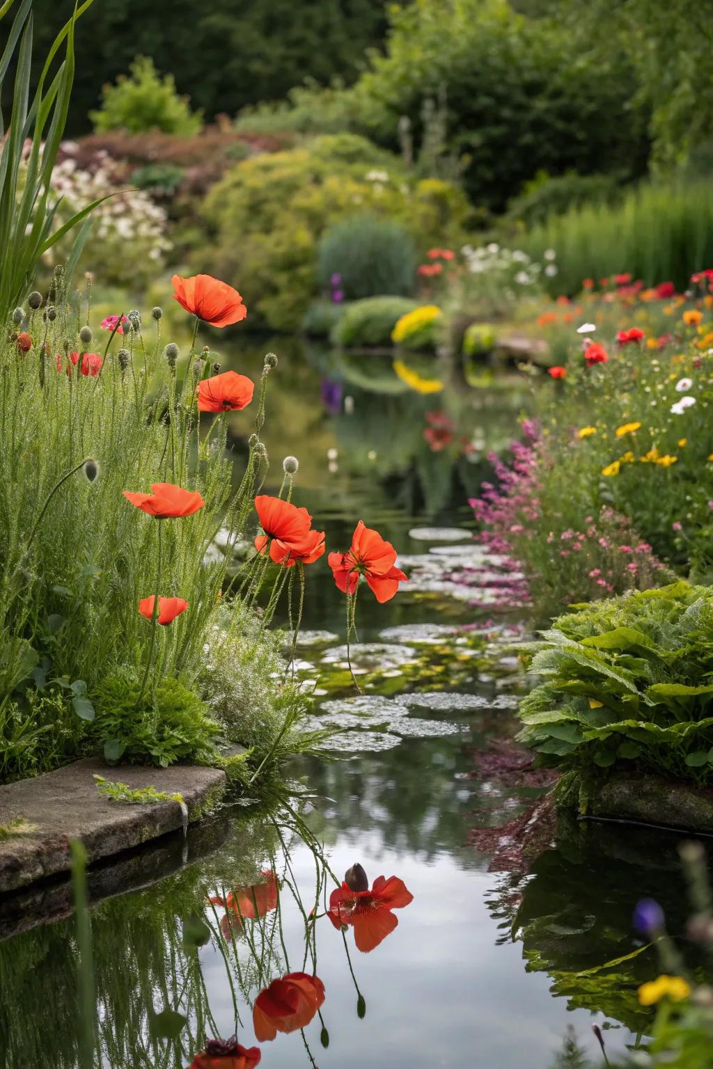 A tranquil water garden featuring the reflection of poppies.