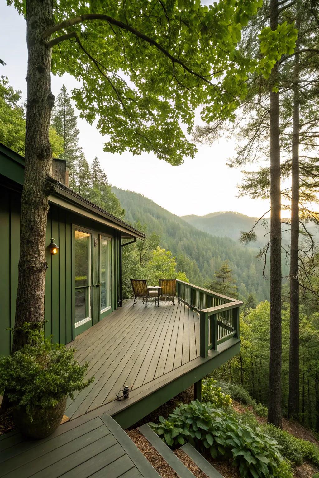 Olive Green decks blend harmoniously with natural surroundings.