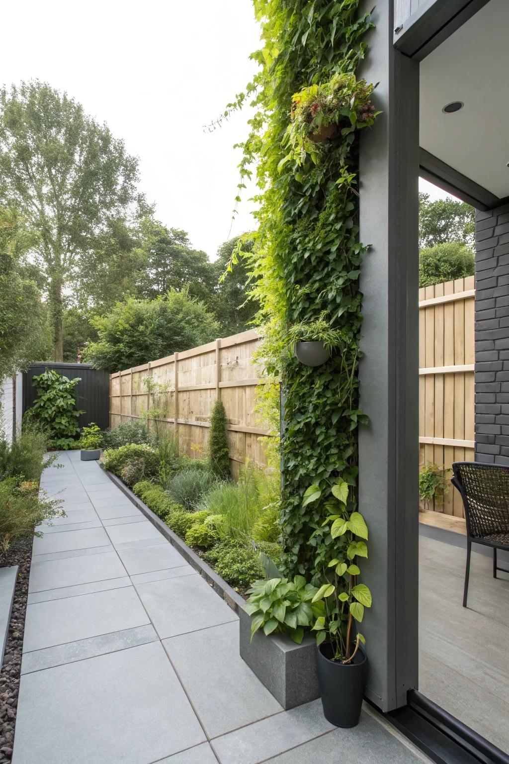 A vertical garden providing a lush backdrop to the patio.