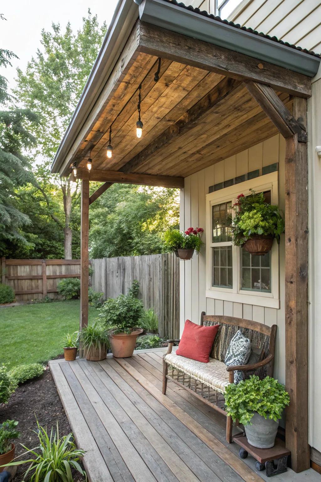 Reclaimed wood adds rustic warmth to porches.