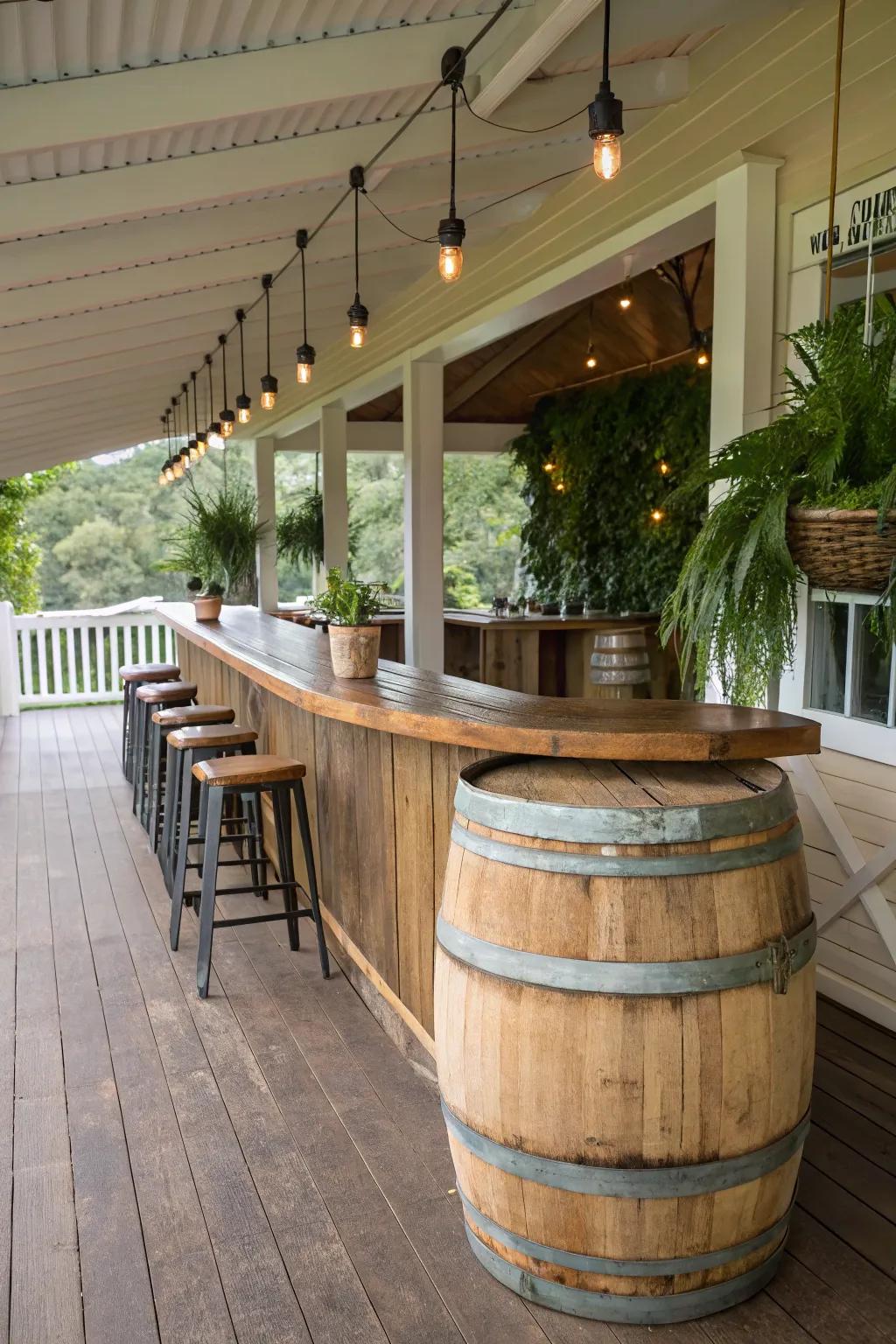 A wine barrel bar adds a unique and rustic charm to your porch.