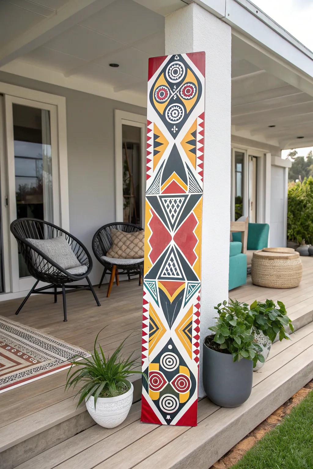 A porch board featuring bold geometric patterns.